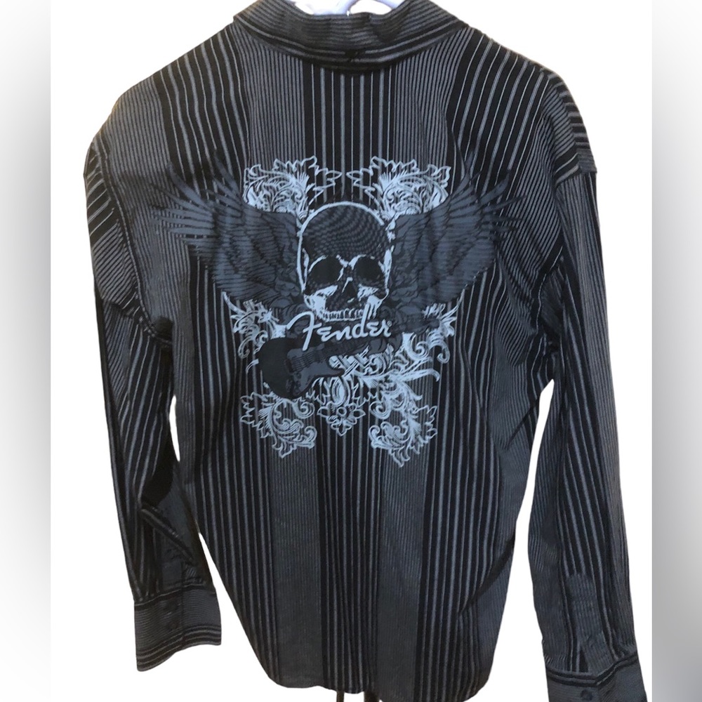 Fender Guitar Long Sleeve Striped Button Up Shirt Skull Rock n Roll Size Large